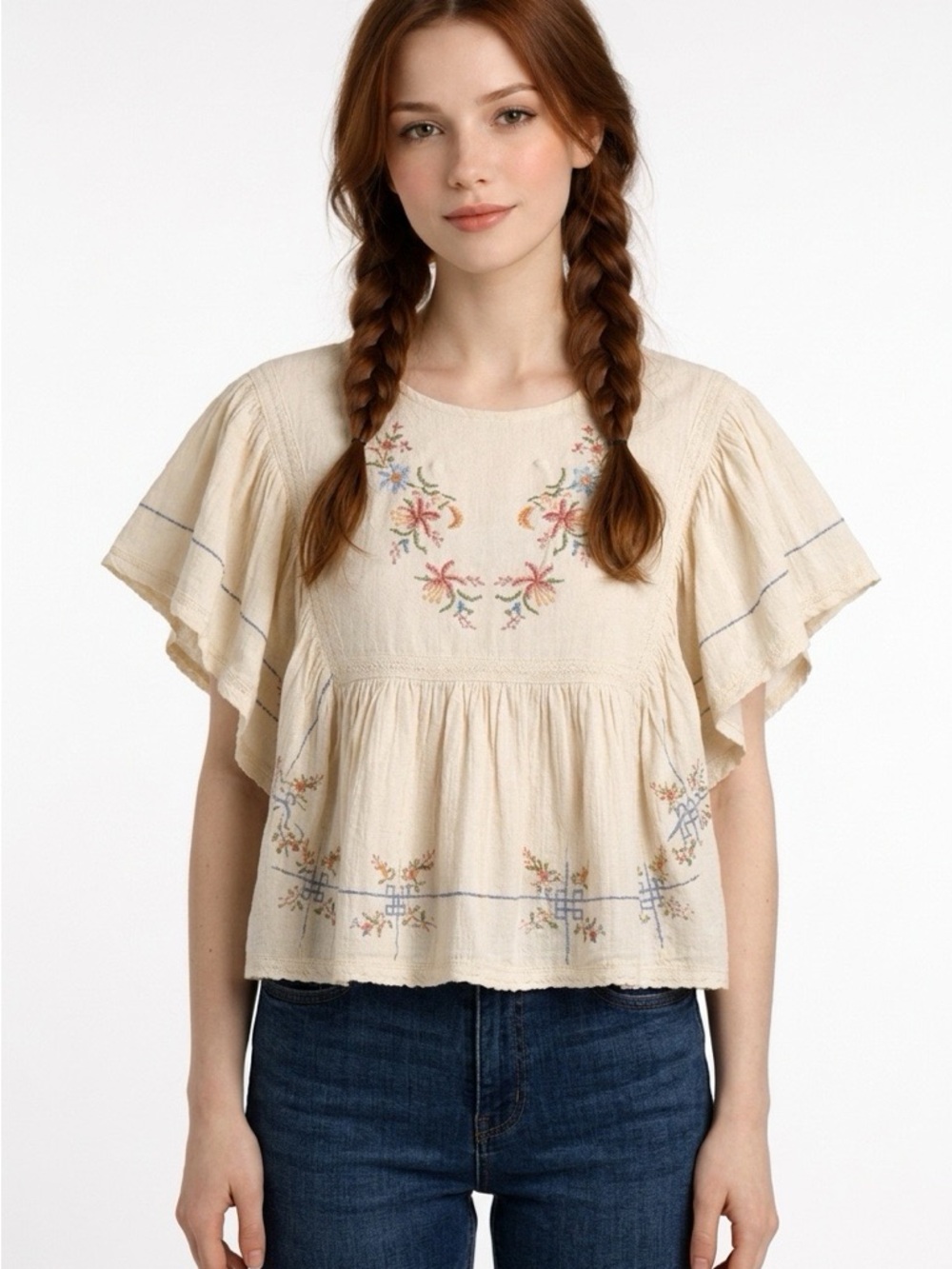 See and Be Seen Cream Embroidered Flutter Sleeve Blouse